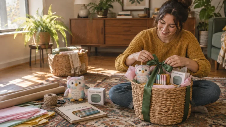 A smiling woman sits on an ornate rug, tying a green ribbon onto a woven gift basket packed with small presents.