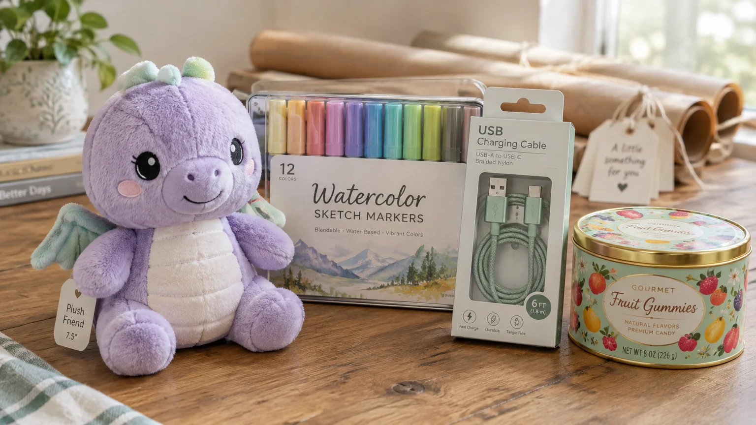 A purple plush dragon, watercolor markers, a USB charging cable, and a tin of fruit gummies on a wooden table.