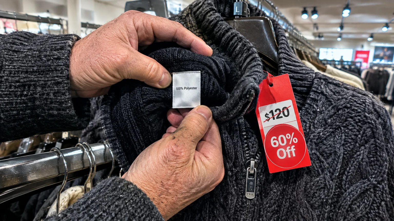 A shopper holding a clothing tag reading 100% Polyester on a black knit sweater with a red sale tag.
