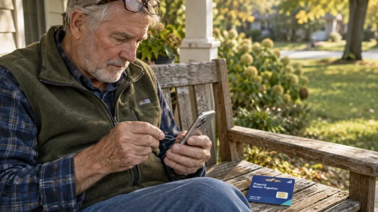 Older man sitting on a wooden porch bench inserting a SIM card into his smartphone beside a prepaid card pack.