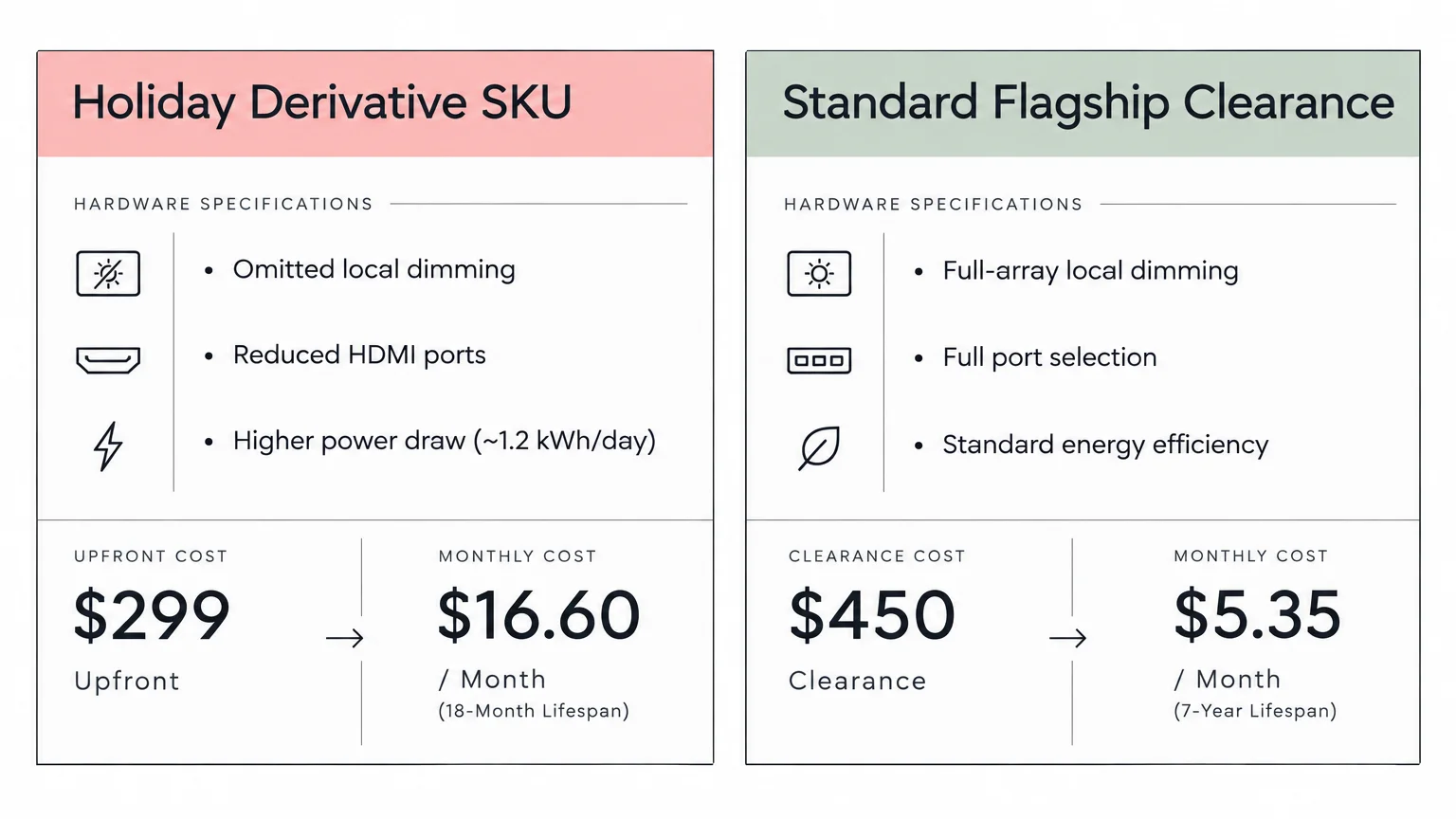 Side-by-side comparison diagram of hardware specs and long-term costs between a holiday derivative SKU and flagship clearance TV.