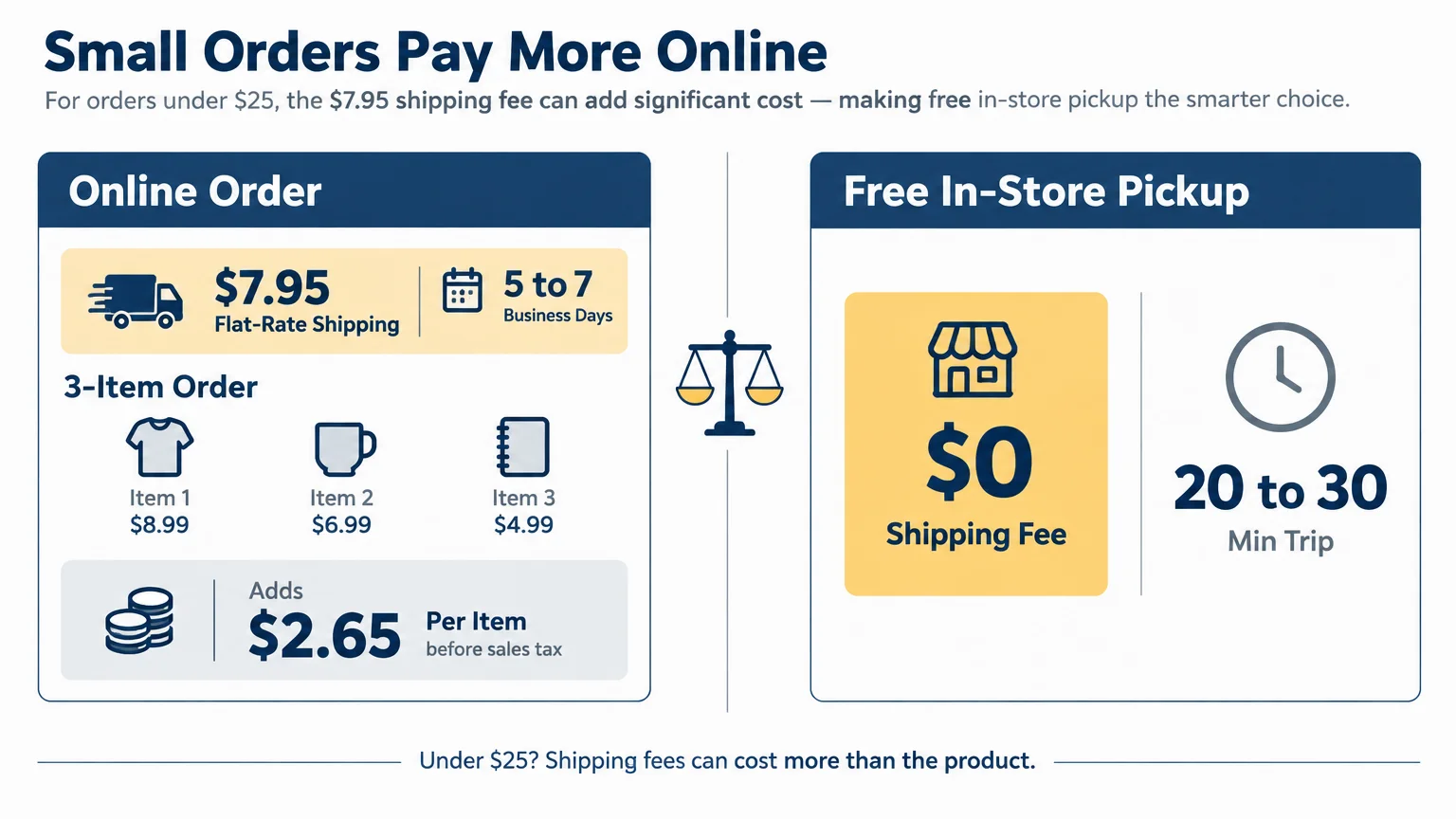 Graphic comparing an online order with a $7.95 shipping fee against free in-store pickup taking 20 to 30 minutes.