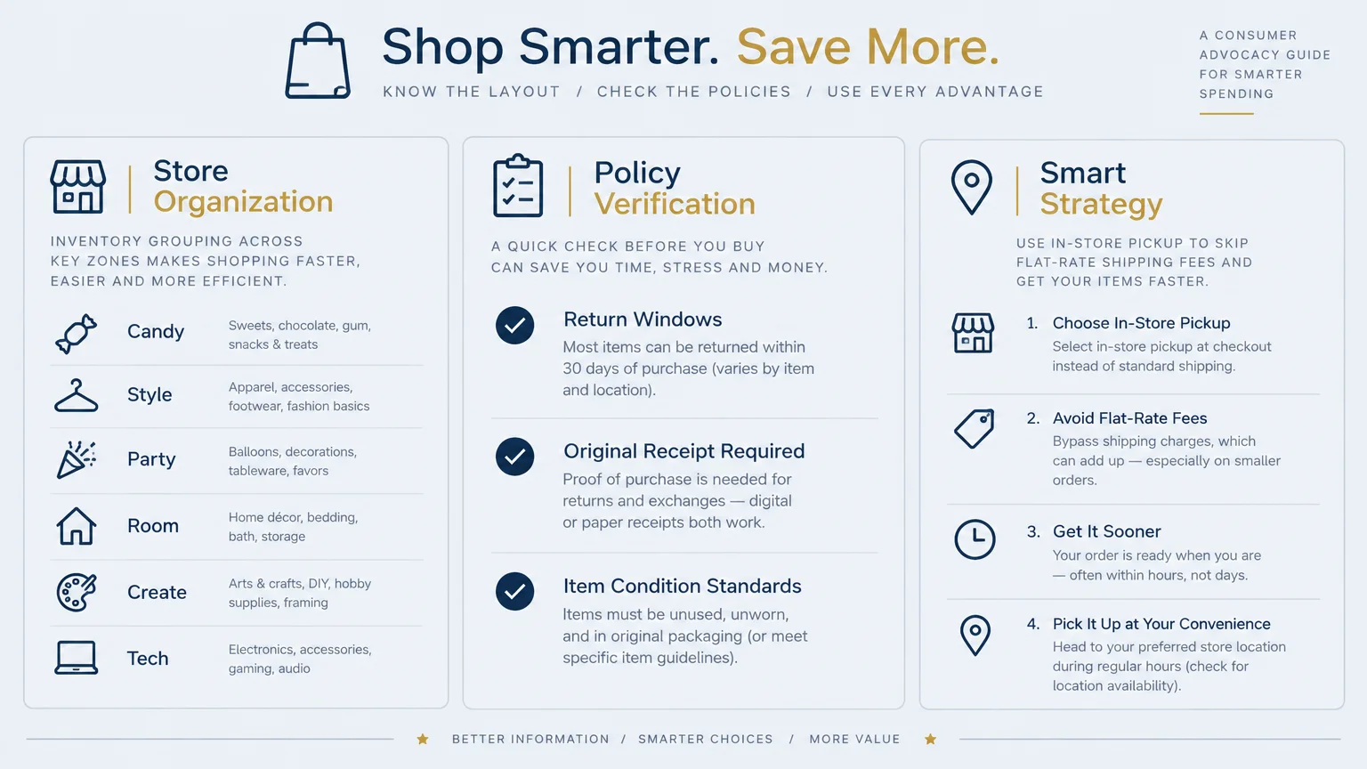 Consumer guide infographic detailing store organization zones, policy verification return rules, and smart pickup strategies.