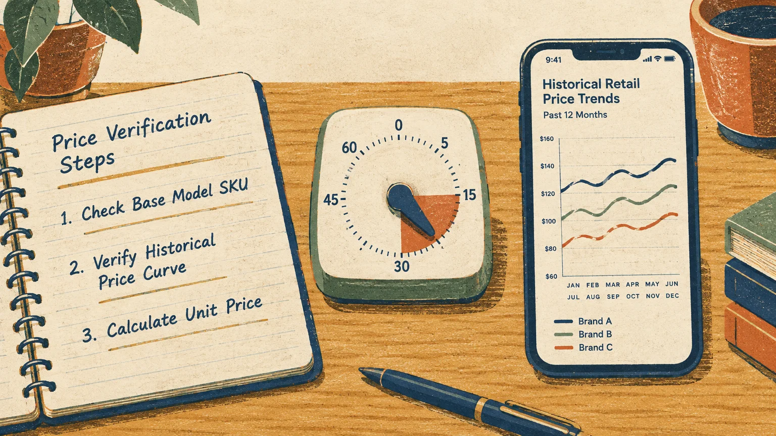 Desk with a notebook listing price verification steps, a timer set to 25 minutes, and a phone displaying price trends.