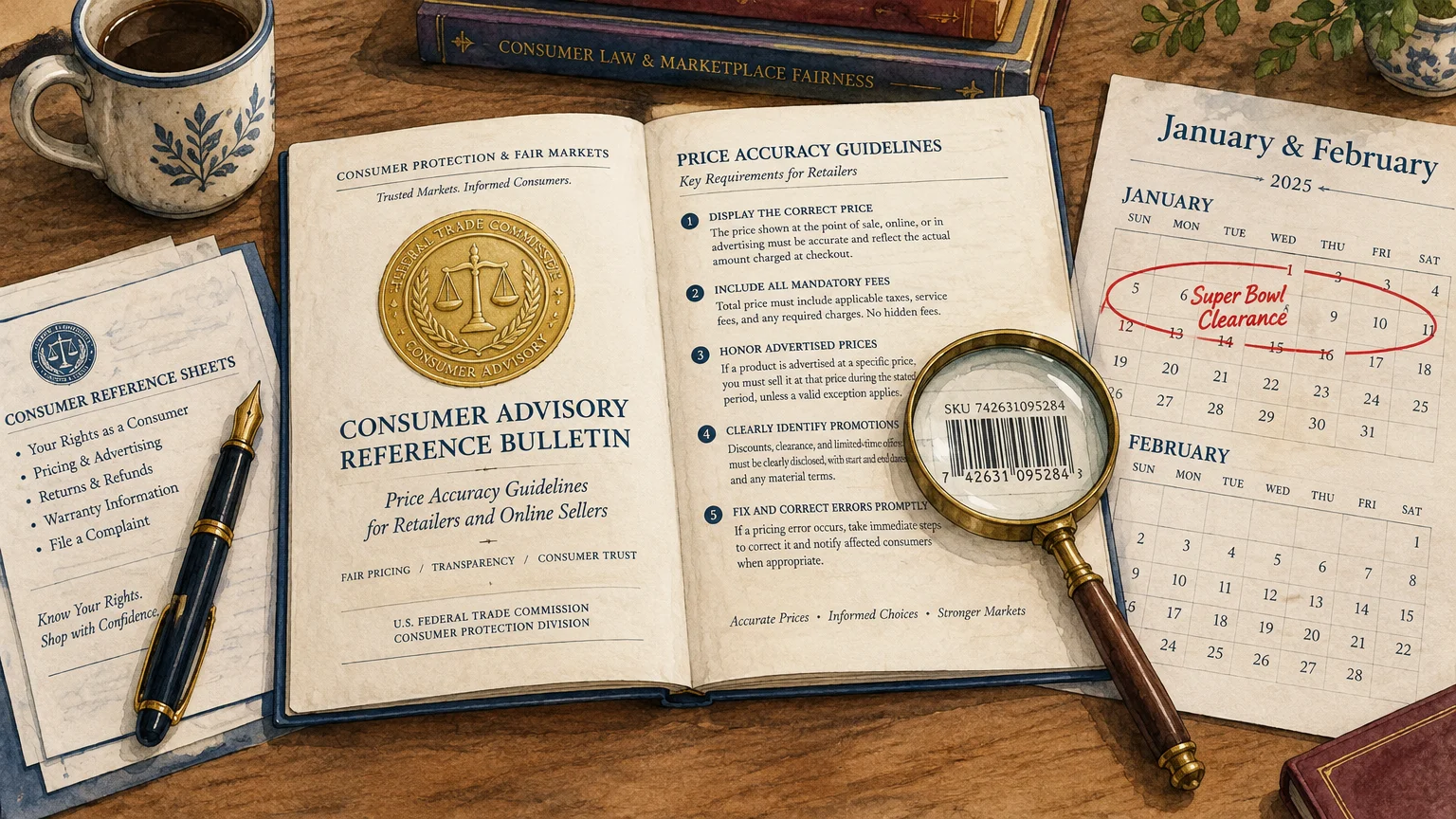 Illustration of an open consumer advisory bulletin on a wooden desk beside a magnifying glass and a calendar.