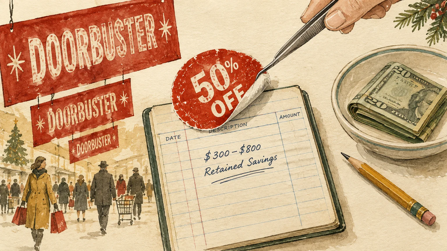 Illustration of tweezers peeling a 50% off sticker from a ledger beside cash, a pencil, and doorbuster signs.