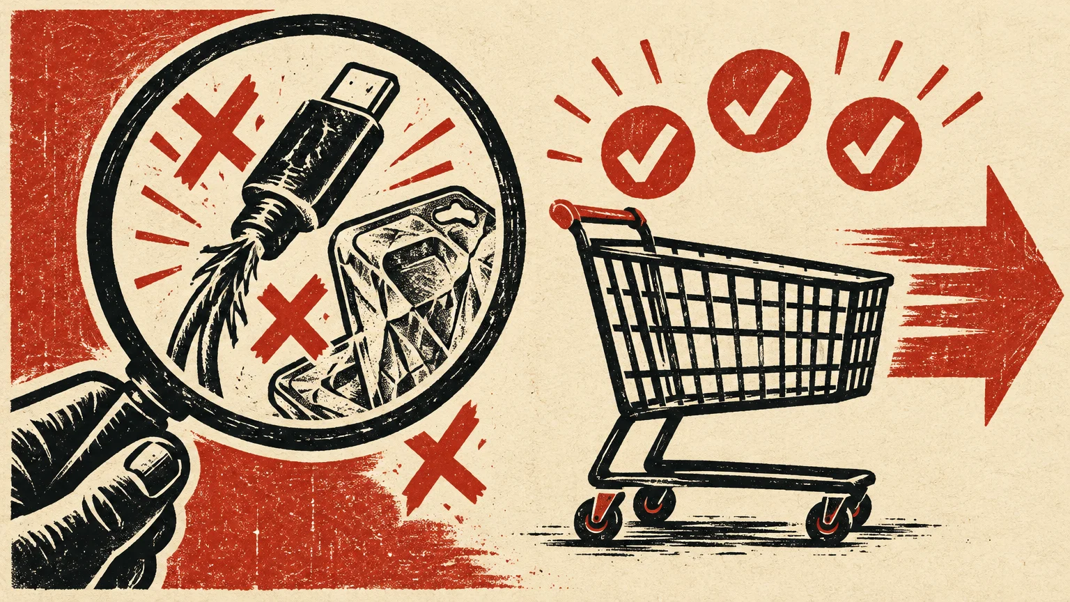 Illustration of a magnifying glass inspecting a frayed cable next to red checkmarks and an empty shopping cart.