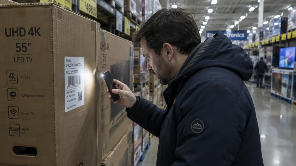 A man in a dark jacket uses his smartphone flashlight to inspect the model sticker on a boxed television in a store.