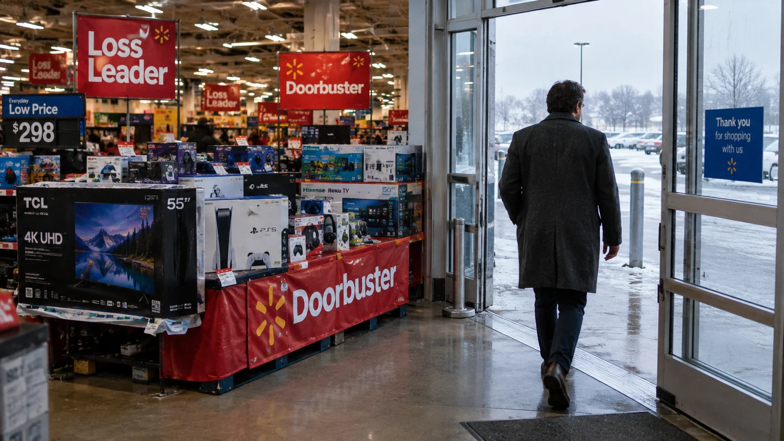 A man walks out of a retail store past boxed electronics displays with red Doorbuster and Loss Leader signs.