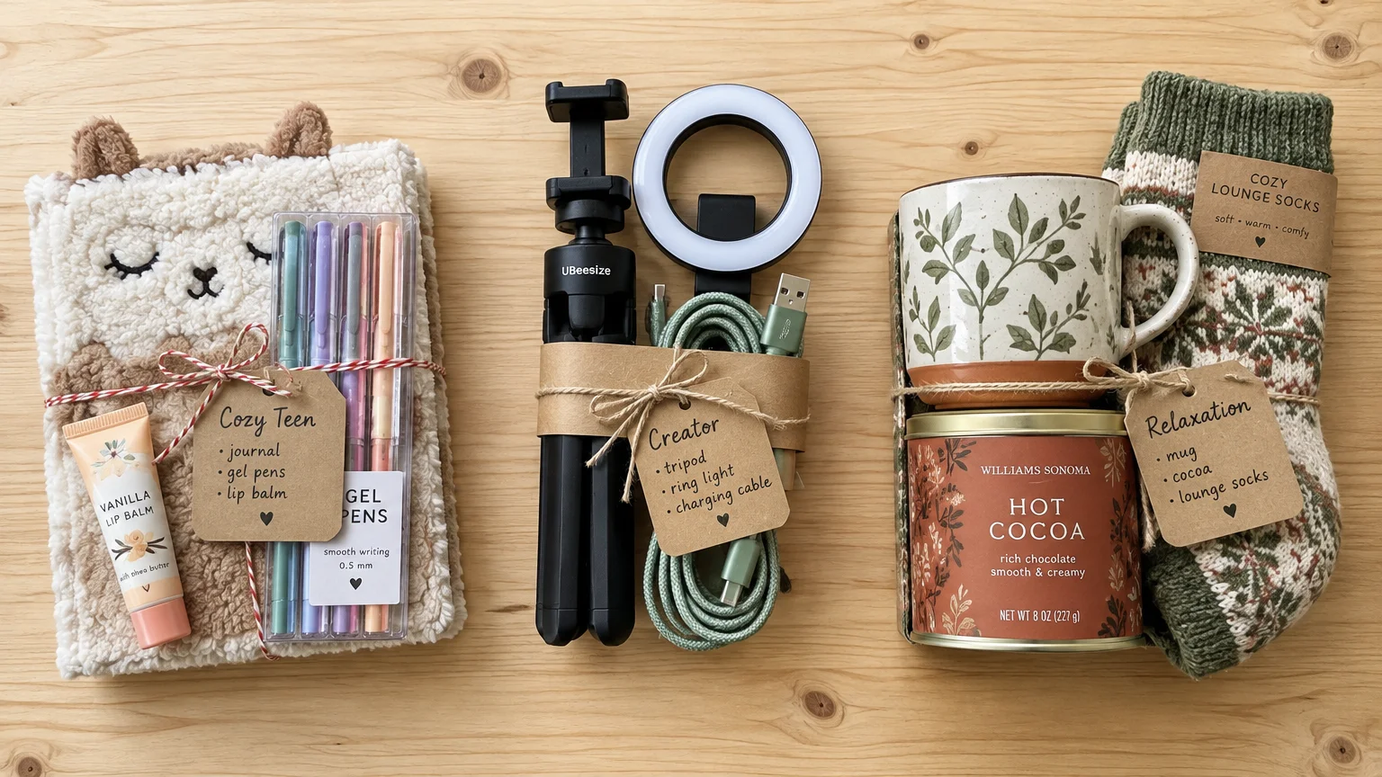 Three curated gift bundles tied with twine on a wooden surface, including stationery, content creator gear, and hot cocoa.